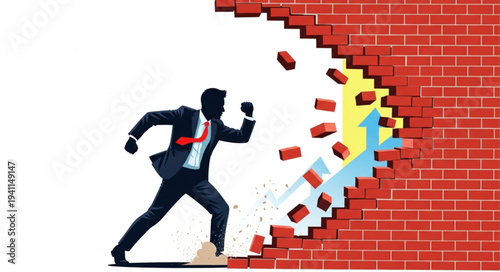 Businessman Breaking Through Brick Wall.