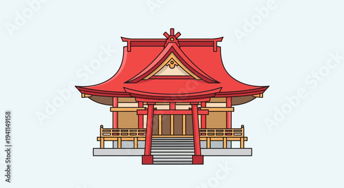 Traditional Japanese Shrine Architecture, Red Pagoda Style Building with Torii Gate