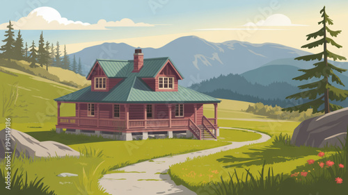 Cozy mountain cabin with green roof and porch nestled in a serene landscape with winding path and majestic mountains in the background at sunset