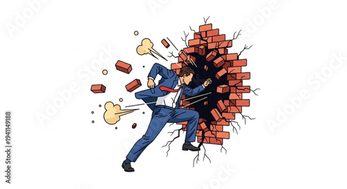 Man Breaking Through Brick Wall.