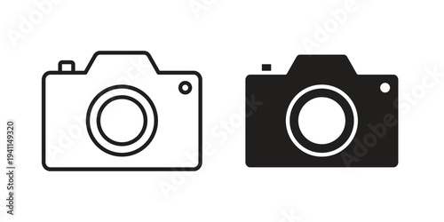 Photo Camera icon black, line, flat vector, isolated illustration.
