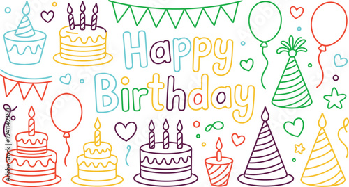 Birthday decorations colorful cakes candles party celebration illustration