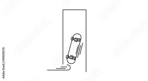 Dynamic minimalist line art illustration of a skateboard performing an urban trick against a wall