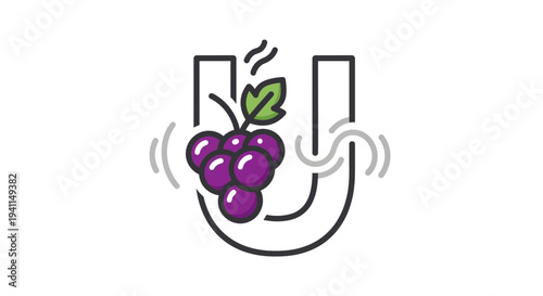 Vibrant purple grape cluster icon nestled within a stylized letter U, featuring subtle aromatic