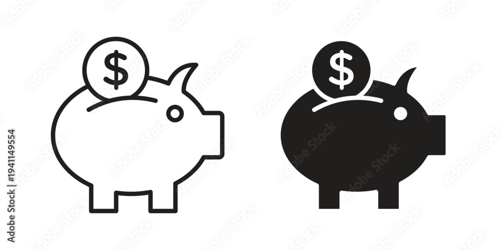 Obraz premium Piggy bank icon black, line, flat vector, isolated illustration.