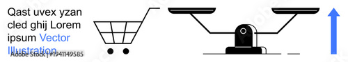 Market trends, consumer decisions, e-commerce, comparison, economy, growth. Shopping cart, balance scale upward arrow. Market trends and consumer decisions