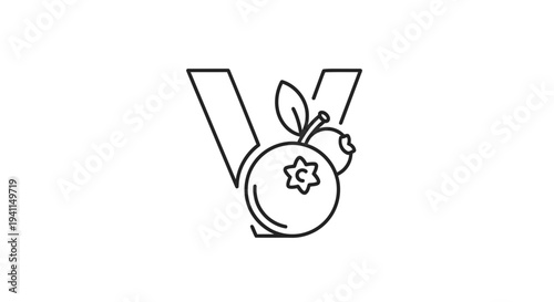 Minimalist outline graphic presenting the letter V adorned with two fresh blueberries and a leaf
