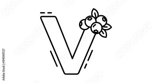Minimalist black and white line art illustration of the letter V adorned with fresh blueberries