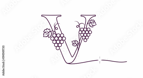 Elegant linear monogram V featuring delicate grape clusters and flowing vine elements for branding