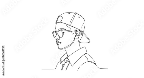 Young man in backward cap and sunglasses minimal line art
