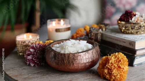 Cozy autumn decor with candles and flowers on rustic wooden table image of Goddess Durga