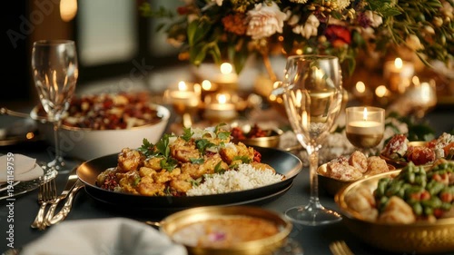 Elegant candlelit dining with gourmet cuisine and lush floral centerpiece image of Goddess Durga
