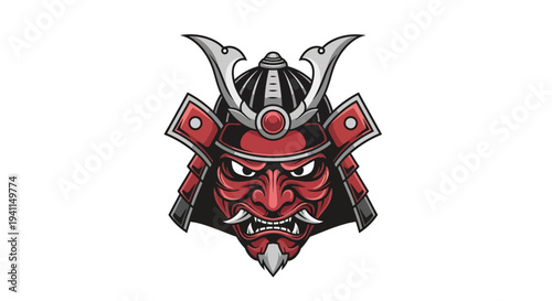 Fierce Samurai Mask Helmet Icon, Japanese Warrior Demon Oni Face, Red and Silver
