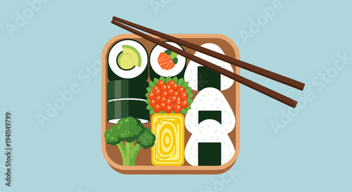 Japanese Bento Box with Sushi, Onigiri, and Broccoli