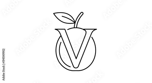 Minimalist V letter fruit logo design outline for healthy natural brand concept vector