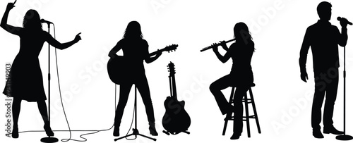 Black silhouette collection of music performers including singers, guitarist, and flute player performing on stage isolated on white background, vector