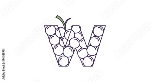 Abstract letter W crafted from playful grape-like spheres with a vibrant green stem icon design