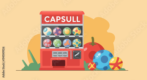 Red Vending Machine Dispensing Colorful Capsule Toys with Large Balls and Tomato