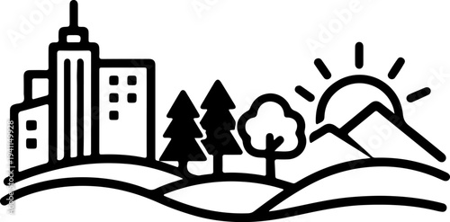 Sustainable urban landscape line art illustration with city buildings green trees mountains and rising sun for eco friendly environment and global conservation concept vector isolated