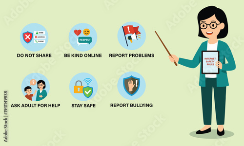 Digital safety tips for children with a teacher demonstrating important rules for online conduct