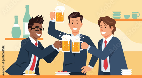 Three businessmen toasting beer mugs in a bar, celebrating success, friendship, and teamwork