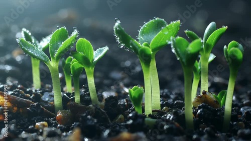 Timelapse of young plant seedlings growing in moist soil under warm sunlight