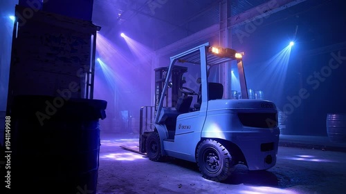 Forklift navigating through atmospheric warehouse with vibrant lighting effects