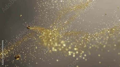 Glittering gold particles dancing in elegant swirls with soft motion blur in high resolution