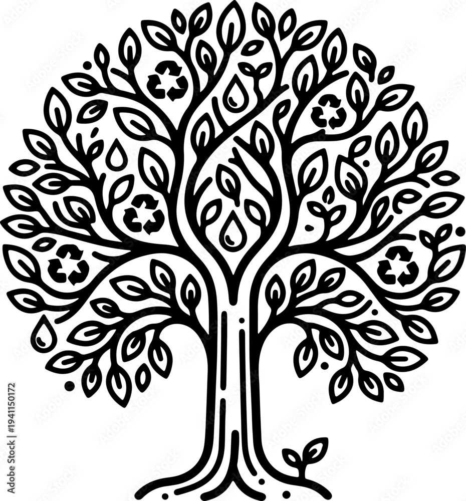 Obraz premium Sustainable eco tree line art illustration featuring recycle symbols and water drops for environmental conservation green energy and reforestation concept vector isolated on transparent