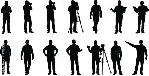 Black silhouette collection of professional photographers, cameramen, and land surveyors using tripods, cameras, and surveying equipment isolated on white background, vector