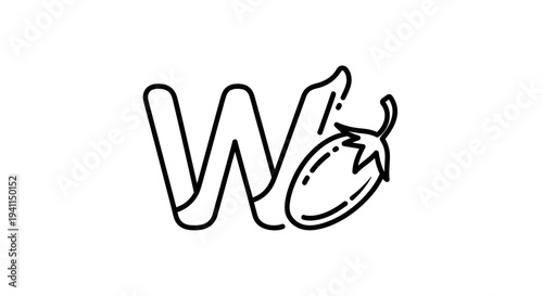 Stylish letter W combined with a fresh eggplant illustration, presented as a minimalist line art