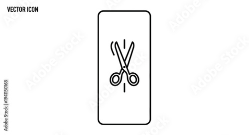 Clean outline vector icon depicting scissors actively cutting a dashed line, perfect for digital