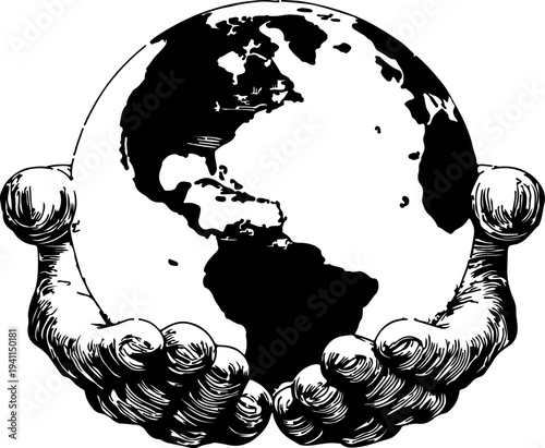 Detailed vintage hand drawn illustration of human hands cupping the world globe earth sphere for global ecology conservation sustainability and environmental awareness concept vector art