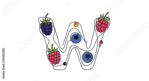 Whimsical 'W' letter design featuring a vibrant array of fresh berries, an imaginative botanical