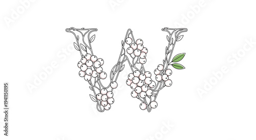 A beautifully crafted initial W adorned with delicate white berries and verdant foliage