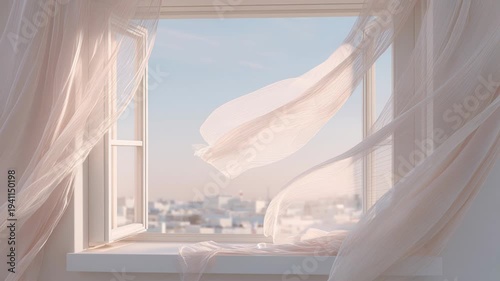 Gentle breeze blowing through sheer curtains in a sunlit room with city view