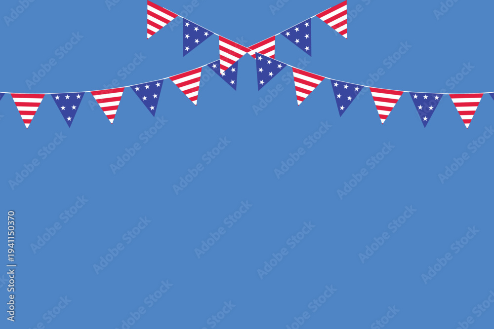 Fototapeta premium American flag patriotic bunting garland hanging on blue background