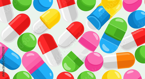 Colorful Pills and Capsules Scattered on Light Background, Medical Healthcare Concept