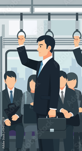 Commuters on a crowded train, business people traveling to work in the city