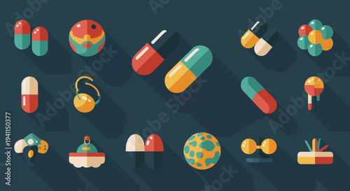 Flat Design Medicine Icons: Pills, Capsules, Syringe, and Medical Symbols