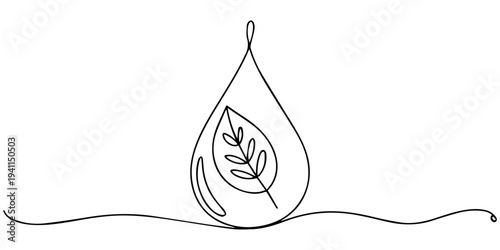 Clear water drop with leaf inside continuous one line drawing, Water drops with leaves inside outline icon. linear style sign for mobile concept and web design. Save Nature simple line vector icon. 