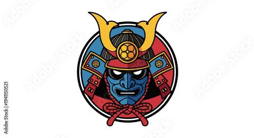 Samurai Warrior Mask Emblem - Japanese Culture, Fierce Warrior Icon, Traditional Art