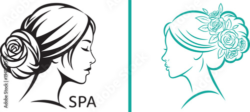 Elegant vector profile of a woman with a rose bun hairstyle. Features a bold black ink-style illustration and a refined teal line art version. Ideal for professional spa and wellness branding.
