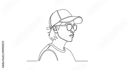 Young man in baseball cap and glasses in minimal line art style