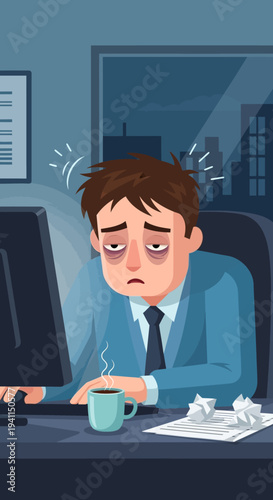 Tired businessman working late at night, exhausted, coffee, office, stress, deadline