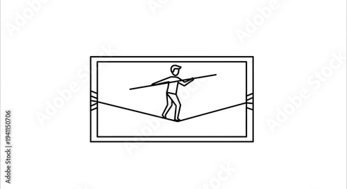 Skillful individual navigating a precarious tightrope walk in a simple line art illustration
