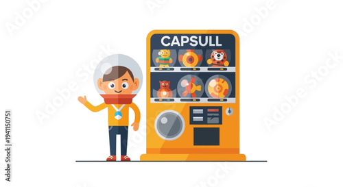 Astronaut Kid Waving Next to Capsule Toy Vending Machine