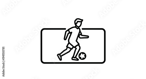 Minimalist outline illustration of a male soccer player dribbling a football within a screen frame