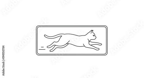 Minimalist outline illustration of a swift feline in dynamic motion within a clean rectangular frame