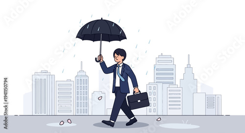 Businessman with Umbrella Walking in City Rain, Carrying Briefcase